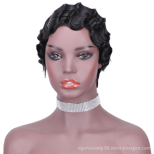 Vigorous Short Curly Cute Nuna Wigs Pixie Wigs for Women Finger Wave Human Hair Wig Wine Red